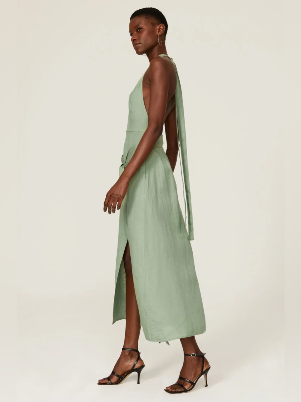 Saunders Maria Sage Green Linen Halter Midi Dress Size 8